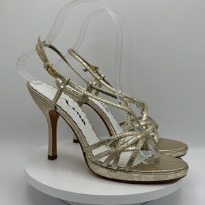 NINA “Gish” Strappy Gold Heeled Sandals, Size 6.5M, NWT